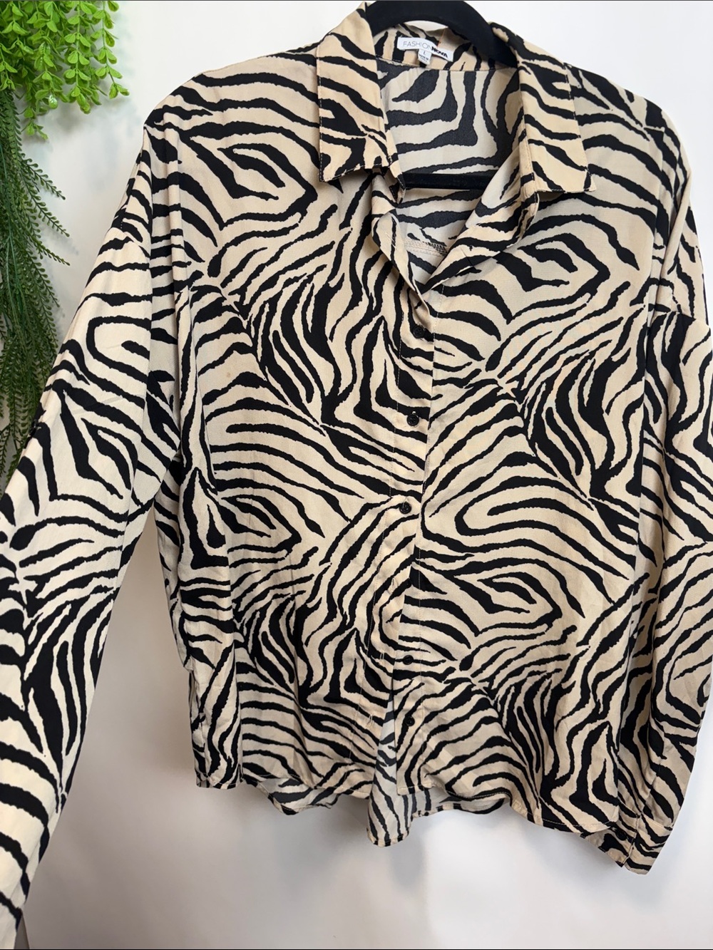 Fashion Nova Black and Cream Zebra Button-Down Shirt